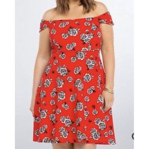 Torrid Red Floral Off The Shoulder Fit & Flare Skater Dress Size 1 Cottagecore
